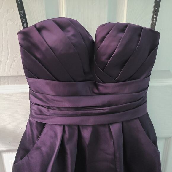 Bill Levkoff Womens Sz 2 Purple Satin Strapless Mini Dress Pleated Flowy Dress - Picture 2 of 5